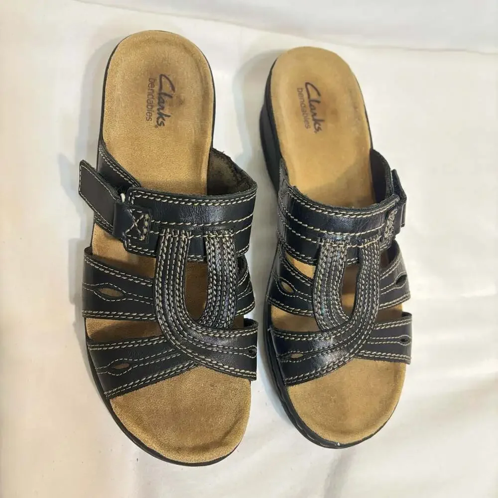 Clarks Bendables Black Leather Wedge Comfort Sandals Size 9